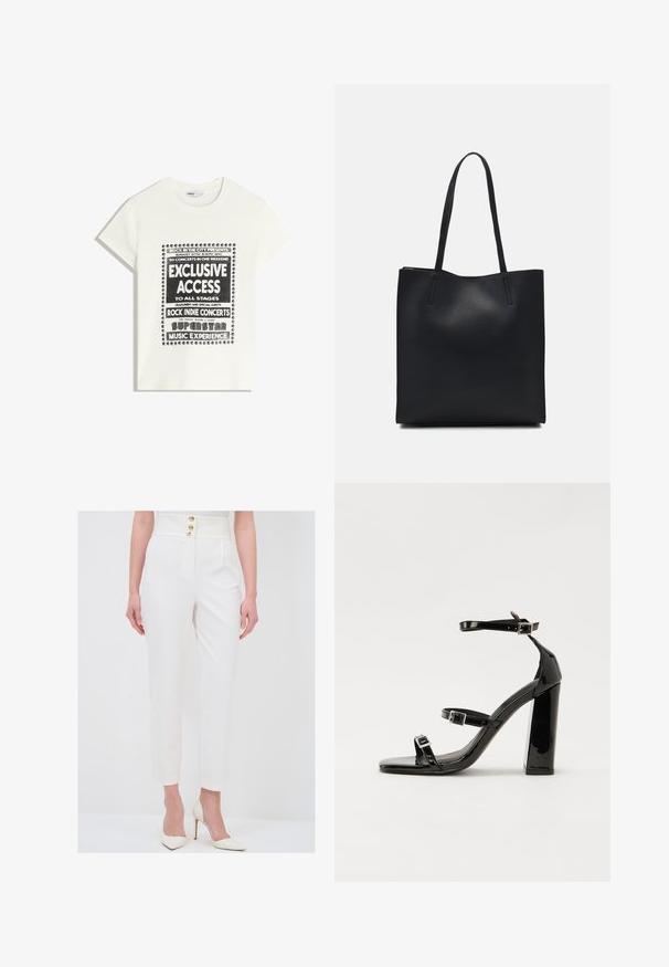 White t-shirt with black text promoting a music event, featuring "Exclusive Access," "Rock Indie Concerts," and "Superstar Music Experience."; adL Trousers - white; Black patent heeled sandals with a square toe, ankle straps, and silver buckles. Features a chunky block heel for stability.; Black leather tote bag with smooth texture, rectangular shape, and two long handles. No visible hardware or embellishments.