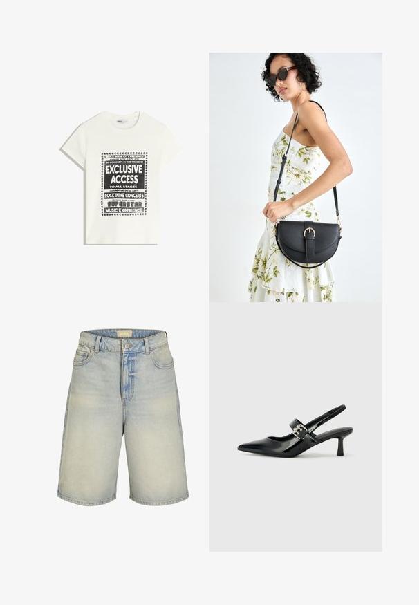 Biela tričko s čiernym textom propagujúcim hudobnú udalosť, ktorý obsahuje "Exkluzívny prístup", "Rock Indie koncerty" a "Superstar hudobný zážitok."; Svetlomodré riflové šortky s vysokým pásom, piatimi vreckami a jemným vyblednutím. Majú zapínanie na gombík a pútka na opasok.; Čierne patentové kožené sandále na podpätku so špicatou špičkou a malým blokovým podpätkom, s dekoratívnou striebornou sponou na remienku.; Čierna kožená kabelka s zaobleným tvarom, odnímateľným popruhom a zlatými doplnkami. Kabelka má klopu s detailom s prackou.