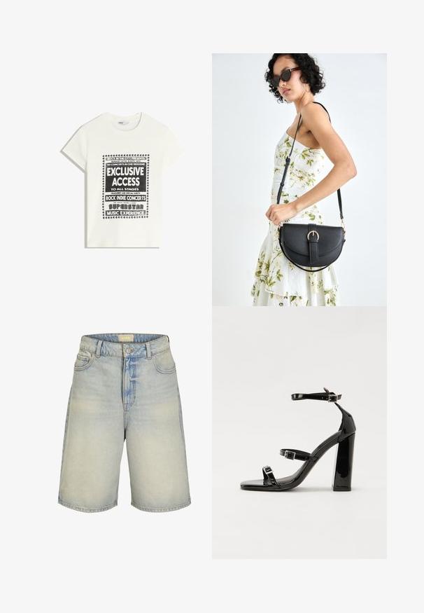 Bijela majica s crnim natpisom koja promiče glazbeni događaj, s natpisima "Ekskluzivni Pristup", "Rock Indie Koncerti" i "Superstar Glazbeno Iskustvo."; Svijetloplave traper kratke hlače s visokim strukom, pet džepova i blagim izblijedjenjem. Imaju zatvaranje na dugme i petlje za pojas.; Crne lakirane sandale na visoku petu s dva remena s kopčama, kvadratnim vrhom i masivnom blok petom, s glatkom, sjajnom teksturom.; Crna kožna torba s lukovitim oblikom, odvojivim remenom i zlatnim detaljima. Torba ima preklop s kopčom.