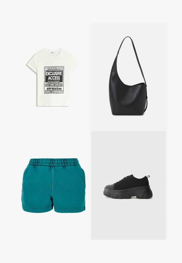 Fehér póló fekete felirattal, amely egy zenei eseményt népszerűsít, benne az "Exkluzív Hozzáférés", "Rock Indie Koncertek" és "Szupersztár Zenei Élmény" szöveggel.; Teal színű pamut rövidnadrág, elasztikus derékkal, oldalsó zsebekkel és steppelt szegéllyel. Simább textúra és laza stílus.; Fekete sportcipők vastag gumitalppal, texturált szövet felsőrésszel, kerek orral és fűzős kialakítással. Megerősített fűzőlyukakkal és hátsó húzófüllel rendelkezik.; Fekete bőr hobo táska sima textúrával, ívelt formával és egyetlen állítható pánttal; széles nyílás található a tetején.