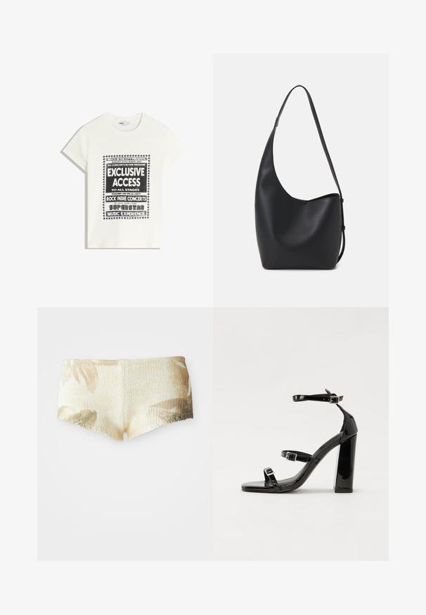 Fehér póló fekete felirattal, amely egy zenei eseményt népszerűsít, benne az "Exkluzív Hozzáférés", "Rock Indie Koncertek" és "Szupersztár Zenei Élmény" szöveggel.; Világos bézs színű, virágmintás kötött rövidnadrág. Texturált felülettel és fodros szegéllyel rendelkezik. Puha és könnyű anyag.; Fekete lakk magas sarkú szandál négyzet alakú orral, bokapántokkal és ezüst csatokat tartalmaz. Masszív blokk sarka a stabilitásért felel.; Fekete bőr hobo táska sima textúrával, ívelt formával és egyetlen állítható pánttal; széles nyílás található a tetején.