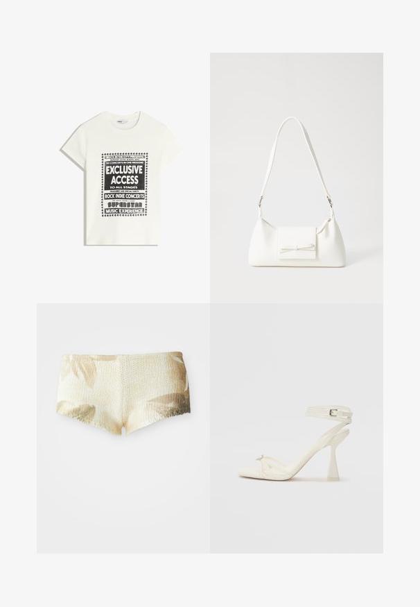 Maglietta bianca con testo nero che promuove un evento musicale, con le scritte "Accesso Esclusivo", "Concerti Rock Indie" e "Esperienza Musicale da Superstar".; Pantaloni shorts lavorati a maglia in beige chiaro con un motivo floreale. Presenta una superficie testurizzata e un orlo ondulato. Tessuto morbido e leggero.; Sandalo con tacco alto e fasce in pelle bianca, dal design elegante, con un tacco a blocco trasparente e un elemento decorativo sulla punta.; Borsa sintetica bianca a forma triangolare, con patta anteriore piatta e dettaglio a fiocco, tracolla regolabile, texture liscia e design minimalista.