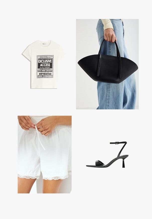 Valkoinen t-paita mustalla tekstillä, joka mainostaa musiikkitapahtumaa. Siinä on tekstit "Eksklusiivinen pääsy", "Rock Indie -konsertit" ja "Superstar-musiikkikokemus."; Valkoiset puuvillashortsit, joissa on joustava vyötärö ja nyöri, sekä pitsireunus helmassa lisäyksityiskohtana.; Bershka Korolliset sandaalit - black; Musta nahkainen käsilaukku, jossa on ainutlaatuinen tuulihattukuvio, jossa on litteät kahvat. Pinnassa on karkeapintainen rakenne ja minimalistinen muotoilu.