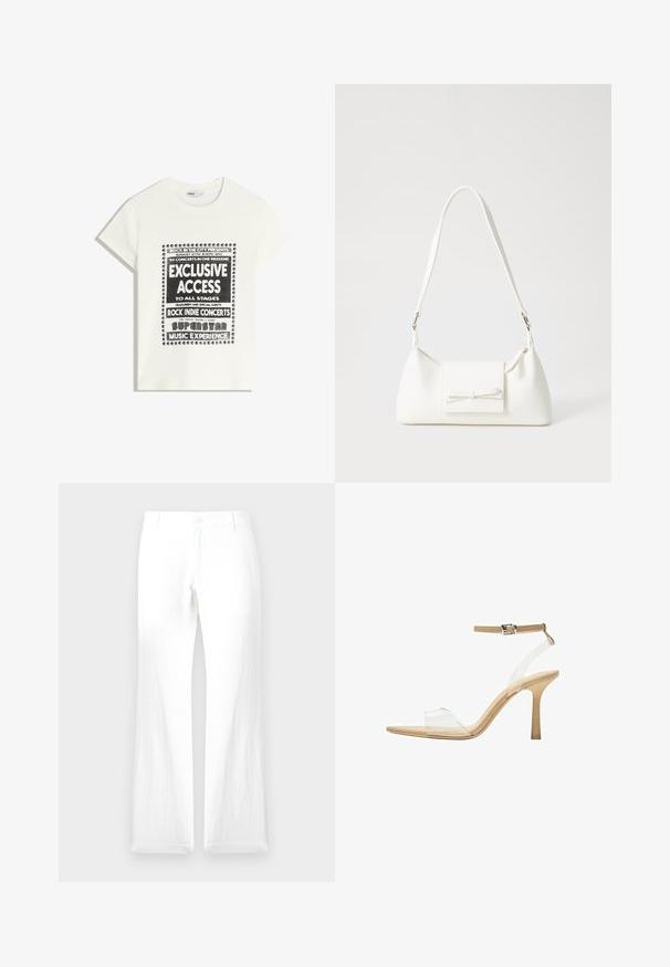 Bela majica s črnim napisom, ki promovira glasbeni dogodek, z besedami "Ekskluziven dostop," "Rock Indie koncerti" in "Superzvezdniška glasbena izkušnja."; Beli laneni hlače s ravnimi nogavicami, zapiranjem na gumb in brez vidnih vzorcev. Gladka tekstura in minimalističen dizajn.; Sandal z jasnim petnikom s prozornim zgornjim delom, bež podplatom in sivim trakcem okoli gležnja. Ima koničast nos in tanek visoki petek.; Bela sintetična torbica v obliki trikotnika, z ravnim sprednjim poklopcem in detajlom mašne, nastavljivim trakom, gladko teksturo in minimalističnim dizajnom.