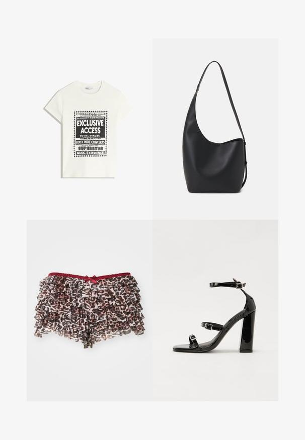 Tricou alb cu text negru care promovează un eveniment muzical, având inscripțiile "Acces Exclusiv", "Concerte Rock Indie" și "Experiența Muzicală a Superstarurilor".; Shorts cu imprimeu leopard floral, cu volănașe suprapuse, având un brâu din dantelă roșie și un accent subțire sub formă de fundiță în față.; Sandale cu toc din patent negru, cu vârf pătrat, curele la gleznă și catarame din argint. Dispune de un toc gros pentru stabilitate.; Geantă hobo din piele neagră, cu o textură netedă, formă curbată și un singur bretele ajustabil; are o deschidere largă în partea de sus.