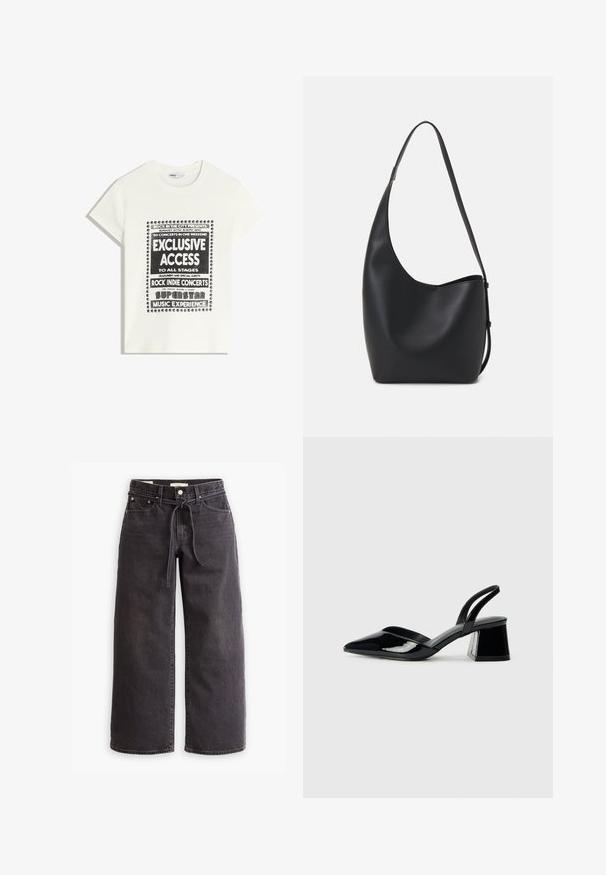 White t-shirt with black text promoting a music event, featuring "Exclusive Access," "Rock Indie Concerts," and "Superstar Music Experience."; Black wide-leg jeans made of denim, featuring a drawstring waist, five pockets, and contrast stitching details. Flat-front design.; Black patent leather slingback heels with a pointed toe and a geometric block heel. Features a sleek, minimal design and smooth texture.; Black leather hobo bag with a smooth texture, curved shape, and single adjustable strap; features a wide opening at the top.