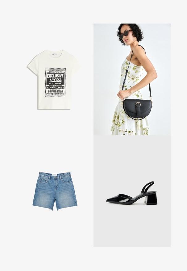 Bijela majica s crnim natpisom koja promiče glazbeni događaj, s natpisima "Ekskluzivni Pristup", "Rock Indie Koncerti" i "Superstar Glazbeno Iskustvo."; Svijetloplave traper kratke hlače ravnog kroja, s izfrcanim rubom, pet džepova i oznakom marke na pojasu. Jednolično pranje i čvrsta tkanina.; Crne lakirane kožne sandale s otvorenom petom i špicastim vrhom, s geometrijskom blok petom. Imaju elegantan, minimalistički dizajn i glatku teksturu.; Crna kožna torba s lukovitim oblikom, odvojivim remenom i zlatnim detaljima. Torba ima preklop s kopčom.