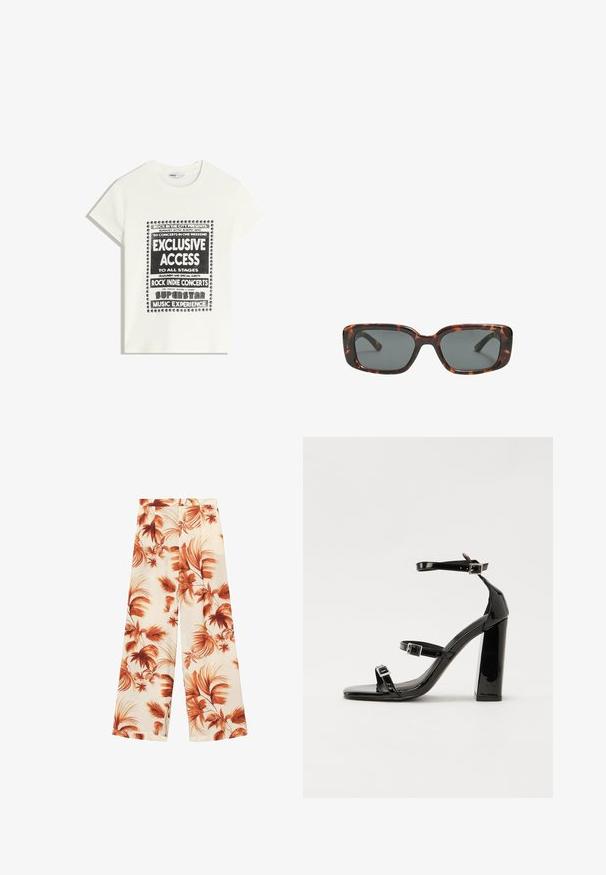 Weißes T-Shirt mit schwarzem Text zur Bewerbung eines Musikevents, mit den Aufdrucken "Exklusiver Zugang", "Rock Indie Konzerte" und "Superstar Musikerlebnis."; Weite Hosen aus einem leichten Stoff, mit einem cremefarbenen Grund und großen, rostfarbenen Blättern sowie einer glatten Oberfläche.; Schwarze patentierte Sandalen mit Absatz, quadratischer Spitze, Knöchelriemen und silbernen Schnallen. Mit einem stabilen Blockabsatz für mehr Stabilität.; Sonnenbrille im Schildpatt-Design mit rechteckigen Gläsern, dicken Rahmen und dunkelgetönten Gläsern. Glatte Textur und minimalistisches Design.; Schwarze Lederhandtasche mit geschwungener Form, abnehmbarem Tragegurt und goldenen Beschlägen. Die Tasche verfügt über einen Deckel mit einer Schnallen-Details.