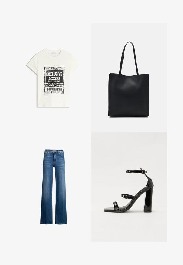Vit t-shirt med svart text som främjar ett musikevenemang, med inskriptionerna "Exklusiv Tillgång", "Rock Indie-konserter" och "Superstar Musikupplevelse."; Breda jeans i indigoblå denim med hög midja, silverdetaljer och klassisk femfickedesign. Slät textur med subtila blekningar.; Svarta lackerade klacksandaler med fyrkantig tå, ankelremmar och silverfärgade spännen. Har en kraftig blockklack för stabilitet.; Svart lädertoffelväska med slät textur, rektangulär form och två långa handtag. Ingen synlig hårdvara eller dekorationer.