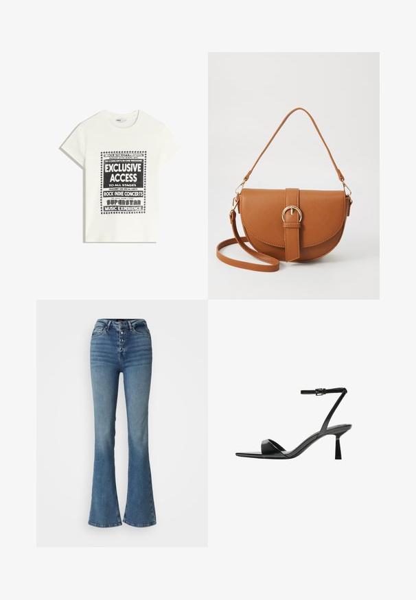 Bela majica s črnim napisom, ki promovira glasbeni dogodek, z besedami "Ekskluziven dostop," "Rock Indie koncerti" in "Superzvezdniška glasbena izkušnja."; Visoke modre flare dolge hlače iz denima, ki imajo gumbasti zapinek s petimi gumbi, podrobnosti z zbledelostjo in prilegajočo se silhueto skozi stegna.; Bershka Sandali z visoko peto - black; Rjava usnjena torbica prek telesa s ukrivljeno obliko, zlate opreme in sponko. Ima odstranljiv naramni trak.