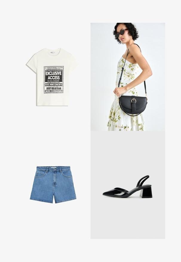 White t-shirt with black text promoting a music event, featuring "Exclusive Access," "Rock Indie Concerts," and "Superstar Music Experience."; Light blue denim shorts with a high waist, five-pocket design, and a button-fly closure. Straight cut with a clean hem.; Black patent leather slingback heels with a pointed toe and a geometric block heel. Features a sleek, minimal design and smooth texture.; Black leather handbag with a curved shape, detachable strap, and gold hardware. The bag features a flap with a buckle detail.