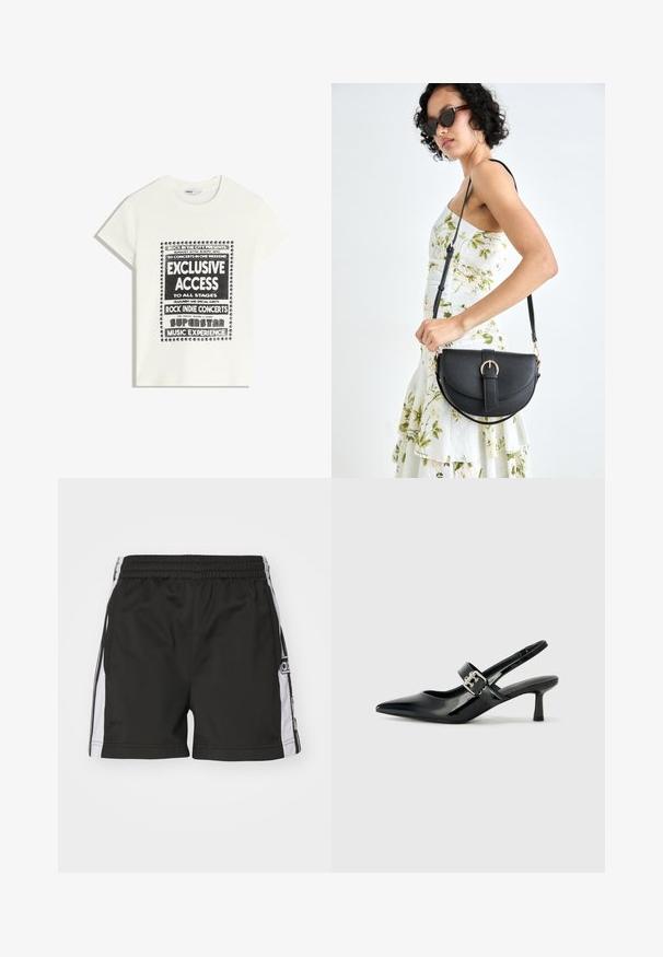 Bílý tričko s černým textem propagující hudební akci, obsahující "Exkluzivní přístup", "Rockové indie koncerty" a "Superstar hudební zážitek."; Černé sportovní šortky s elastickým pasem, bílými bočními pruhy a logem na levé nohavici. Hladká látka, design do délky kolen.; Černé lakované boty na podpatku typu slingback s špičatou špičkou a malým blokovým podpatkem, které mají na pásku stříbrný přezkový akcent.; Černá kožená kabelka s křivkovým tvarem, odnímatelným popruhem a zlatými detaily. Kabelka má klopu s přezkou.