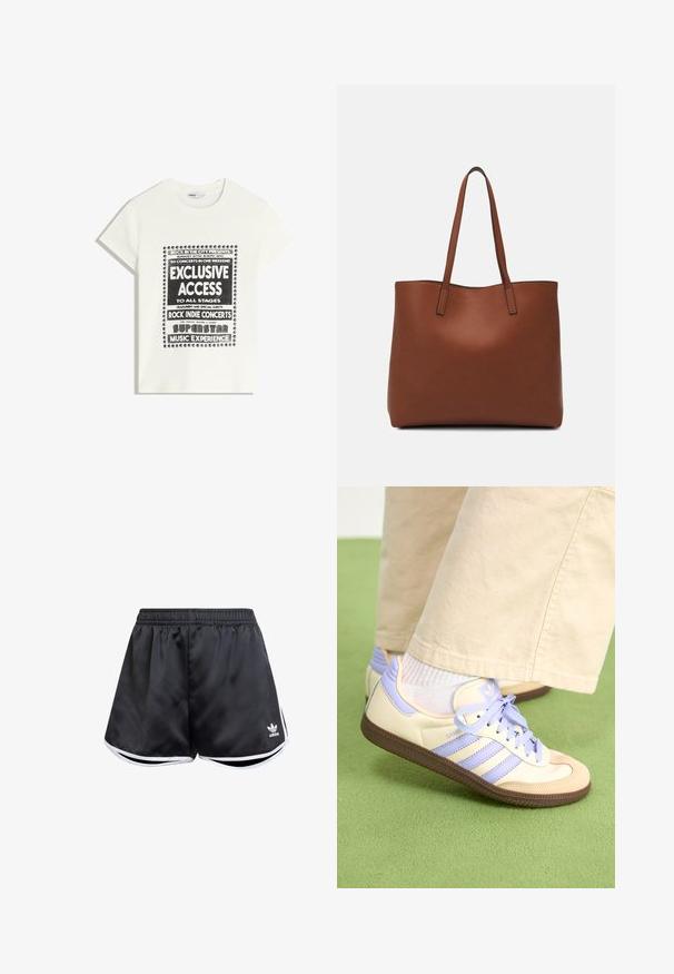 Biela tričko s čiernym textom propagujúcim hudobnú udalosť, ktorý obsahuje "Exkluzívny prístup", "Rock Indie koncerty" a "Superstar hudobný zážitok."; Čierne atletické šortky vyrobené z hladkého syntetického materiálu, s bielymi bočnými akcentmi a vyšitým logom v spodnom ľavom rohu.; Krémovo-fialové tenisky so tromi pruhmi a štruktúrovanou hnedou podrážkou, s šnúrkami a polstrovaným opätkom. Mäkký textilný zvršok.; Hnedá kožená taška na rameno s hladkou textúrou, otvoreným vrchom a dvoma ramenými popruhmi. Má minimálne šitia a žiadne viditeľné kovania.