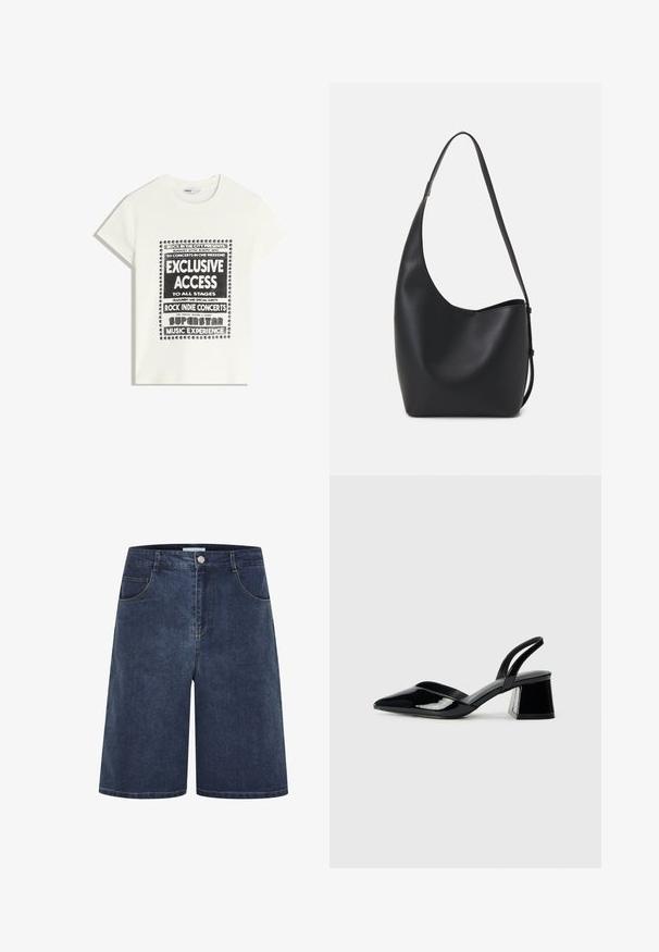 Bela majica s črnim napisom, ki promovira glasbeni dogodek, z besedami "Ekskluziven dostop," "Rock Indie koncerti" in "Superzvezdniška glasbena izkušnja."; Jeans kratke hlače v temno modri barvi, z petimi žepi, gumbom za zapiranje in vidnimi šivi ob robovih in šivih.; Črne lakirane slingback pete s koničastim nosom in geometrijsko blokasto peto. Imajo eleganten, minimalističen dizajn in gladko teksturo.; Črna usnjena hobo torba z gladko teksturo, ukrivljeno obliko in eno nastavljivo naramnico; ima širok odprtina na vrhu.
