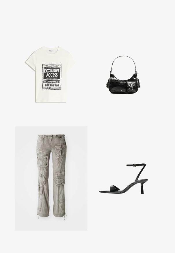 Bílý tričko s černým textem propagující hudební akci, obsahující "Exkluzivní přístup", "Rockové indie koncerty" a "Superstar hudební zážitek."; Světlé šedé cargo kalhoty s několika kapsami, stahovací pas a zúžené nohavice. Vyrobeny z měkké, texturované tkaniny s viditelnými švy.; Bershka Sandály na vysokém podpatku - black; Černá lakovaná kožená kabelka s křivkovým tvarem, jedním ramenním popruhem, předními kapsami a stříbrnými kovovými detaily.