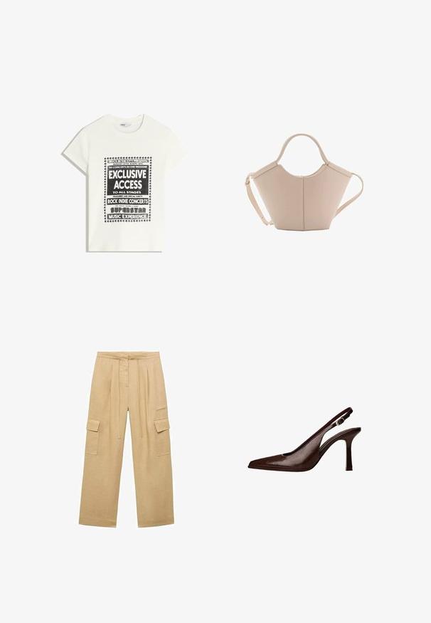 Vit t-shirt med svart text som främjar ett musikevenemang, med inskriptionerna "Exklusiv Tillgång", "Rock Indie-konserter" och "Superstar Musikupplevelse."; Beiga linne cargo-byxor med vida ben, som har två sidofickor, dragsko i midjan och subtil textur.; Brun läder slingback-pump med spetsig tå och tunn klack. Har en liten accentspänne på remmen och en glänsande yta.; Beige läderhandväska med en unik form, med två korta handtag och ett långt justerbart axelband. Slät textur med minimal hårdvara.