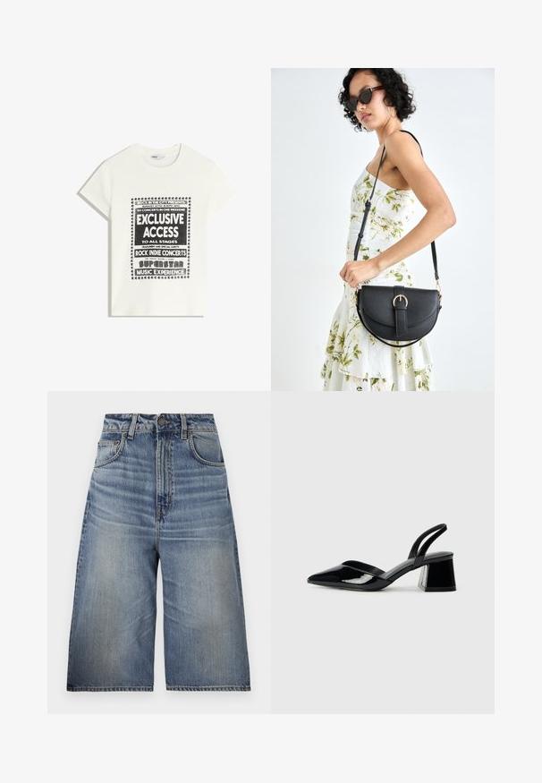 Fehér póló fekete felirattal, amely egy zenei eseményt népszerűsít, benne az "Exkluzív Hozzáférés", "Rock Indie Koncertek" és "Szupersztár Zenei Élmény" szöveggel.; Kék farmer culotte, magas derekú, laza szabású, világoskék mosású, első zsebekkel, látható varrással és gombos záródással a deréknál.; Fekete lakk bőr szandálkés magas sarkú cipő, hegyes orral és geometrikus tömbsarkakkal. Karcsú, minimalista dizájn és sima textúra jellemzi.; Fekete bőrtáska ívelt formával, levehető pánttal és arany színű fémrészekkel. A táskán egy csattal díszített fedél található.