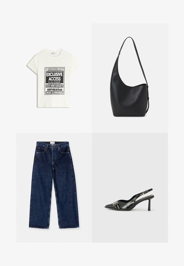 Witte t-shirt met zwarte tekst ter promotie van een muziek evenement, met de opschriften "Exclusieve Toegang," "Rock Indie Concerten," en "Superster Muziekervaring."; Donkerblauwe denim wijde broek met hoge taille, voorzakken en een gladde textuur met subtiele stikselaccenten.; Zwarte gepolijste leren slingback schoenen met een puntige neus, enkelbandjes met zilveren gespen en hardware, en een slanke hak.; Zwarte leren hobo tas met een gladde textuur, kromme vorm en een enkele verstelbare schouderband; heeft een brede opening aan de bovenkant.