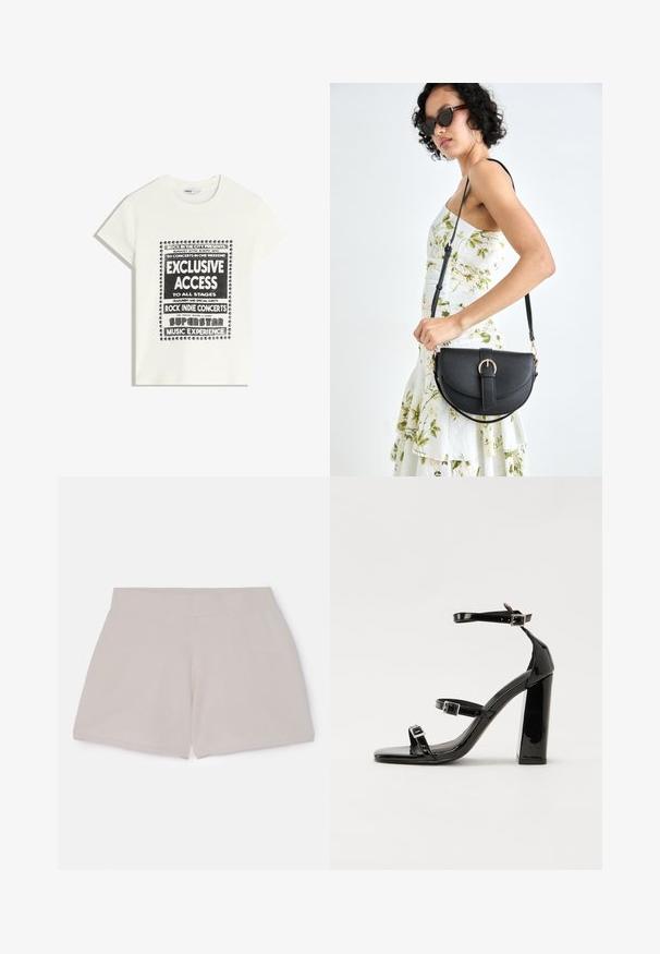 Tricou alb cu text negru care promovează un eveniment muzical, având inscripțiile "Acces Exclusiv", "Concerte Rock Indie" și "Experiența Muzicală a Superstarurilor".; Șorturi bej din bumbac cu talie elastică, având un finisaj texturat, cu o croială dreaptă și fără buzunare sau detalii vizibile.; Sandale cu toc din patent negru, cu vârf pătrat, curele la gleznă și catarame din argint. Dispune de un toc gros pentru stabilitate.; Geantă din piele neagră, cu o formă curbată, curea detașabilă și accesorii aurii. Geanta are un capac cu un detaliu tip cataramă.