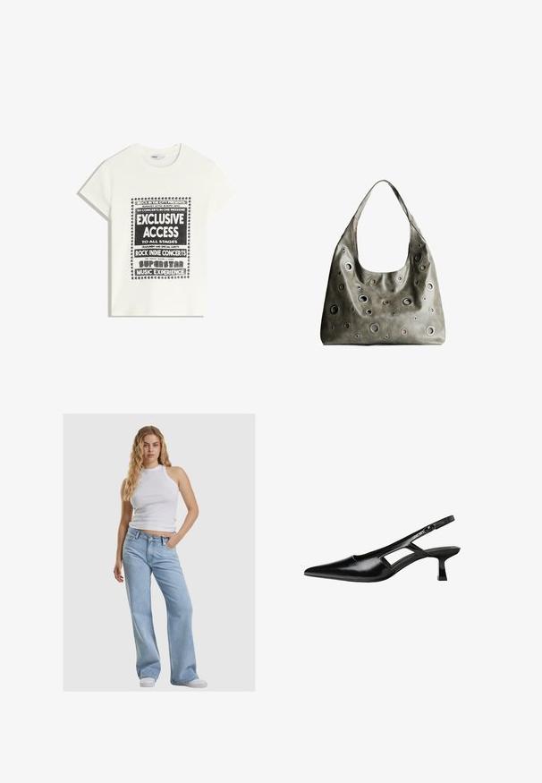 Bijela majica s crnim natpisom koja promiče glazbeni događaj, s natpisima "Ekskluzivni Pristup", "Rock Indie Koncerti" i "Superstar Glazbeno Iskustvo."; Bijela bezrukavna crops majica, svijetloplave široke traperice i bijeletenisice. Outfit se odlikuje mekim materijalom i opuštenim siluetom.; Crne lakirane natikače na remenčić sa špicastim nosom, dizajnom sa izrezima sa strane i malim kvadratnim potplatom. Glatka tekstura s minimalnim akcentima.; Maslinasto zeleni kožni ručni kovčeg s opuštenim dizajnom, s raznim kružnim izrezima različitih veličina i naglascima u tamnijim i svjetlijim nijansama.