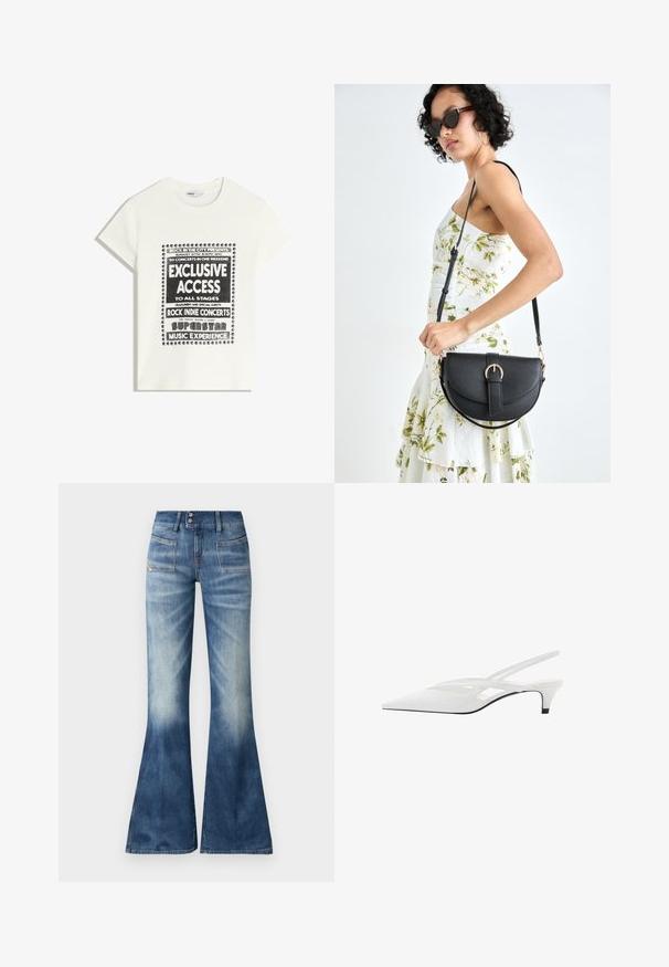 Witte t-shirt met zwarte tekst ter promotie van een muziek evenement, met de opschriften "Exclusieve Toegang," "Rock Indie Concerten," en "Superster Muziekervaring."; Uitlopende blauwe denim jeans met een lichte naar donkere gradient, twee voorzakken en een knoopsluiting. Heeft minimale stiksels en een gladde textuur.; Witte slingback hak met spitse neus, voorzien van een gladde bovenkant, subtiele uitsparingen en een lage blokhak. Zwarte zool accentueert het ontwerp.; Zwarte leren handtas met een gebogen vorm, afneembare schouderband en gouden hardware. De tas heeft een klep met een gespsluiting.