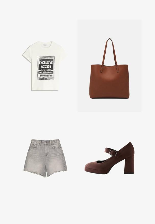 T-shirt blanche avec du texte noir promouvant un événement musical, comportant "Accès Exclusif", "Concerts Rock Indie" et "Expérience Musicale Superstar."; Shorts en denim gris avec une taille haute, un ourlet effiloché, un léger effet usé et un design classique à cinq poches.; Chaussure Mary Jane en daim marron avec un bout rond, un large talon, une bride de cheville ajustable et une plateforme à l'avant. Présente une texture lisse.; Sac fourre-tout en cuir marron avec une texture lisse, design à ouverture supérieure et deux poignées pour le porter à l'épaule. Présente des coutures minimales et aucun matériel visible.