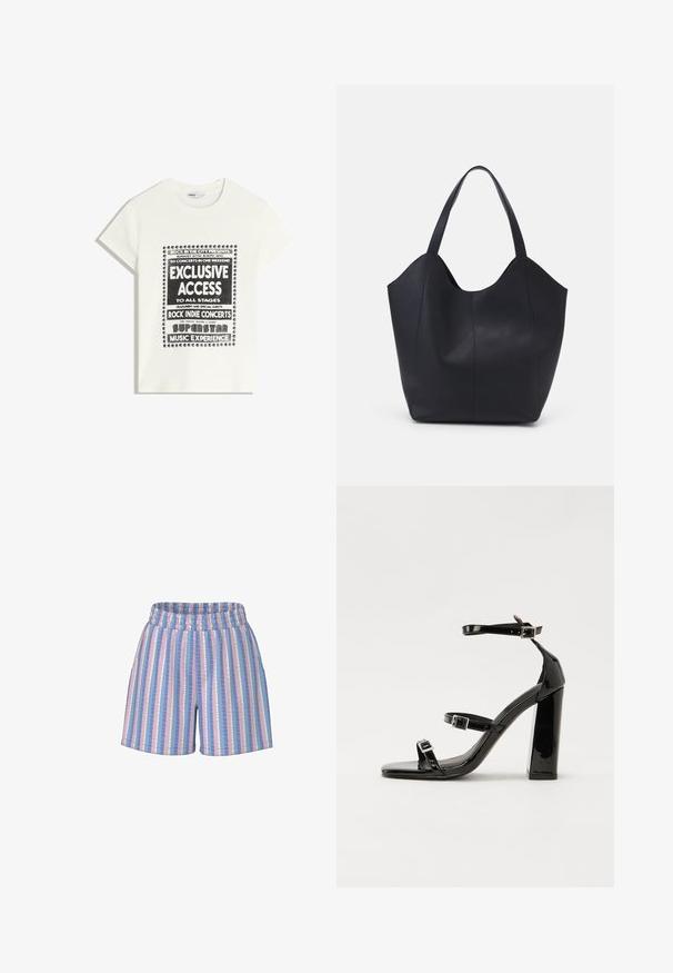 Maglietta bianca con testo nero che promuove un evento musicale, con le scritte "Accesso Esclusivo", "Concerti Rock Indie" e "Esperienza Musicale da Superstar".; Pieces Shorts - hydrangea; Sandali con tacco in vernice nera, con punta squadrata, cinturini alla caviglia e fibbie in argento. Presentano un tacco a blocco spesso per maggiore stabilità.; Borsa tote nera realizzata in pelle liscia, con una parte superiore curva e aperta, dotata di due manici per spalla e un design minimalista.