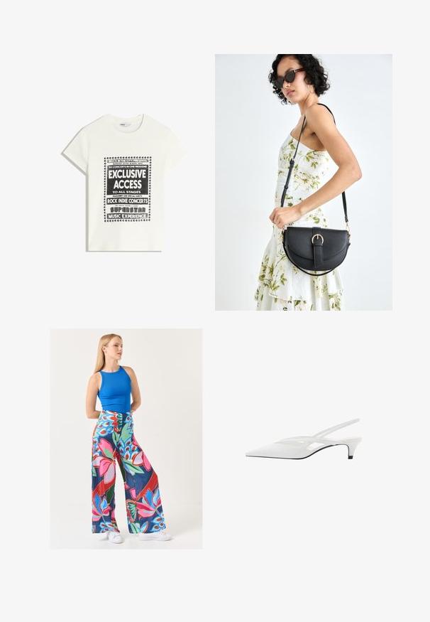 Witte t-shirt met zwarte tekst ter promotie van een muziek evenement, met de opschriften "Exclusieve Toegang," "Rock Indie Concerten," en "Superster Muziekervaring."; Jimmy Key HIGH WAIST WIDE LEG FLORAL - Broek - mixed; Witte slingback hak met spitse neus, voorzien van een gladde bovenkant, subtiele uitsparingen en een lage blokhak. Zwarte zool accentueert het ontwerp.; Zwarte leren handtas met een gebogen vorm, afneembare schouderband en gouden hardware. De tas heeft een klep met een gespsluiting.