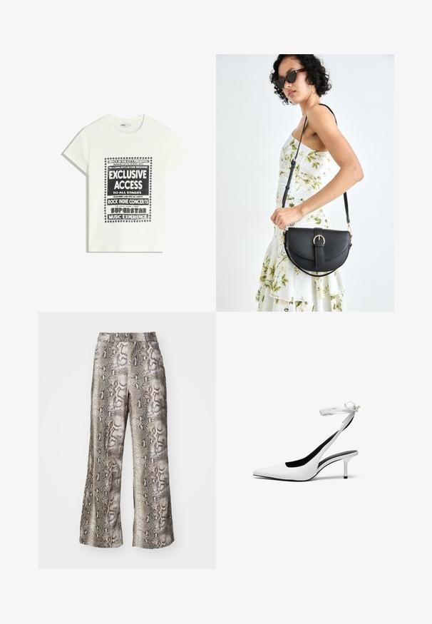 White t-shirt with black text promoting a music event, featuring "Exclusive Access," "Rock Indie Concerts," and "Superstar Music Experience."; Wide-leg trousers in snake print pattern, featuring a blend of grey, brown, and beige shades, made from smooth fabric with a slight sheen.; White pointed-toe slingback heels with a thin ankle strap. Smooth leather material, thin stiletto heel, and a black interior lining.; Black leather handbag with a curved shape, detachable strap, and gold hardware. The bag features a flap with a buckle detail.