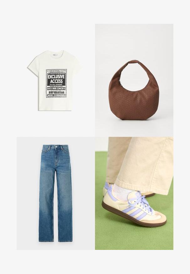 Bijela majica s crnim natpisom koja promiče glazbeni događaj, s natpisima "Ekskluzivni Pristup", "Rock Indie Koncerti" i "Superstar Glazbeno Iskustvo."; Svijetloplave traperice s visokim strukom, širokim nogavicama i suptilnim izblijedjenjem na dnu. Sadrže klasične prednje džepove i metalne detalje.; Kremasto-ljubičaste tenisice s tri pruge i strukturiranim smeškim potplatom, s vezicama i podstavljenim petom. Mekana gornja tkanina.; Braun pletena torba sa okruglim oblikom, koja ima jednu jastučićastu dršku i teksturiranu površinu. Nema vidljivih metalnih dijelova ili akcenta.