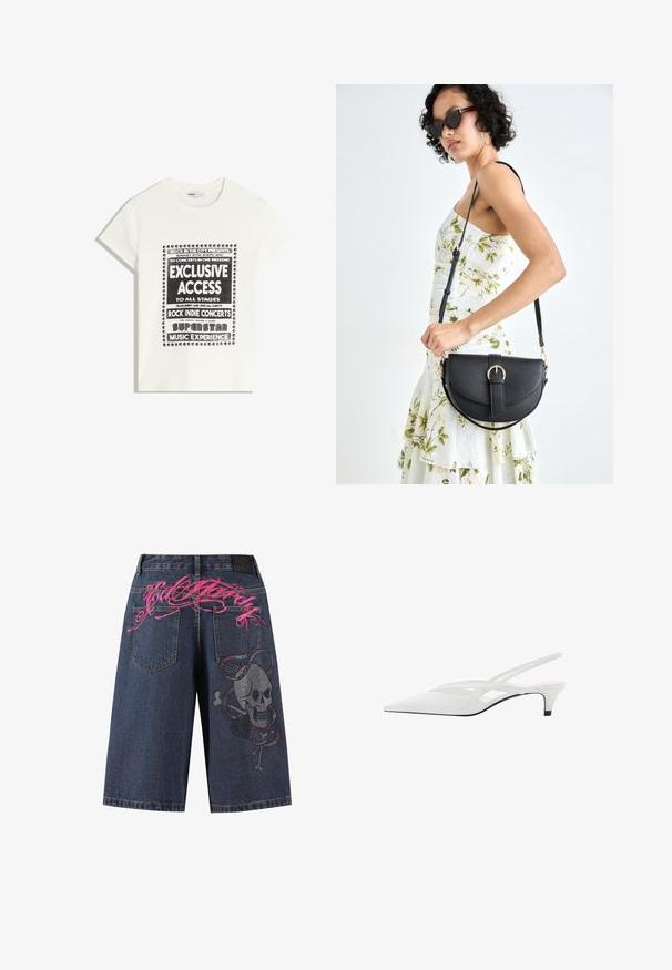 Valkoinen t-paita mustalla tekstillä, joka mainostaa musiikkitapahtumaa. Siinä on tekstit "Eksklusiivinen pääsy", "Rock Indie -konsertit" ja "Superstar-musiikkikokemus."; Farkkuhousut, joissa on tummansininen pesu, ja joissa on vaaleanpunaisella brodeerattu teksti sekä strassikirppun design oikealla puolella.; Valkeat nilkkaremmikengät, joissa on terävä kärki, sileä päällinen, hienovaraiset aukot ja matala lohkopohja. Musta pohja korostaa muotoilua.; Musta nahkainen käsilaukku, joka on kaareva muotoilultaan, irrotettavalla hihnalla ja kultaisilla yksityiskohdilla. Laukussa on läppä, jossa on solk yksityiskohta.