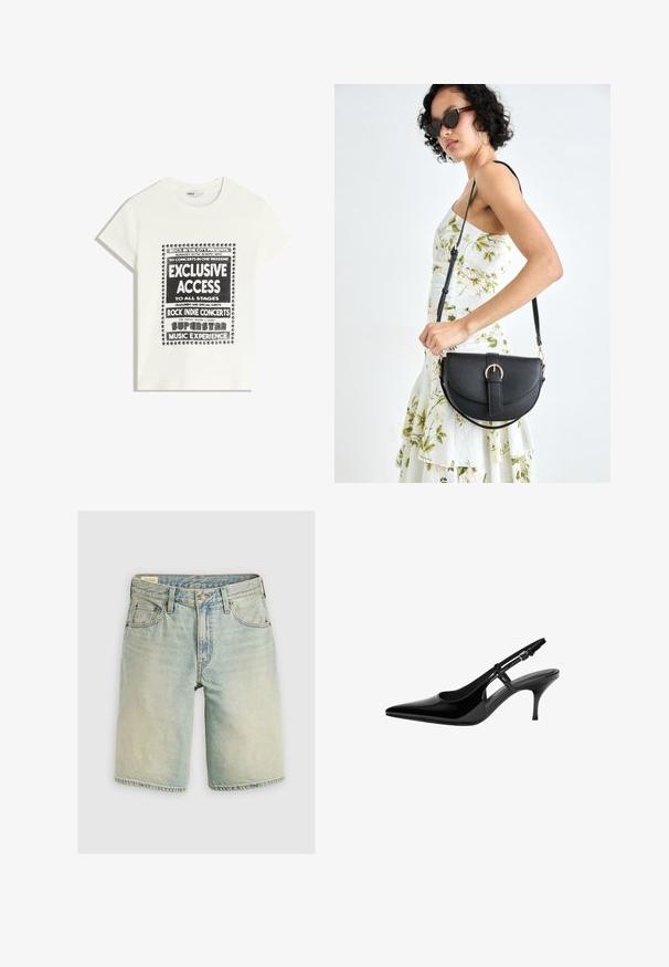 Biała koszulka z czarnym napisem promującym wydarzenie muzyczne, z hasłami "Ekskluzywny Dostęp", "Koncesje Rock Indie" i "Superstar Music Experience."; Jasnoniebieskie szorty dżinsowe o luźnym kroju, pięciokieszeniowe, z metalowym zapięciem na guzik i kontrastowym przeszyciem. Miękka tekstura.; Czarne lakierowane pantofle typu slingback z wydłużonym noskiem, otwartymi bocznymi wycięciami, smukłym obcasem i regulowanym zapięciem na kostkę.; Czarna skórzana torebka o zakrzywionym kształcie, z odpinanym paskiem i złotymi akcentami. Torebka posiada klapę z zapięciem w kształcie klamry.