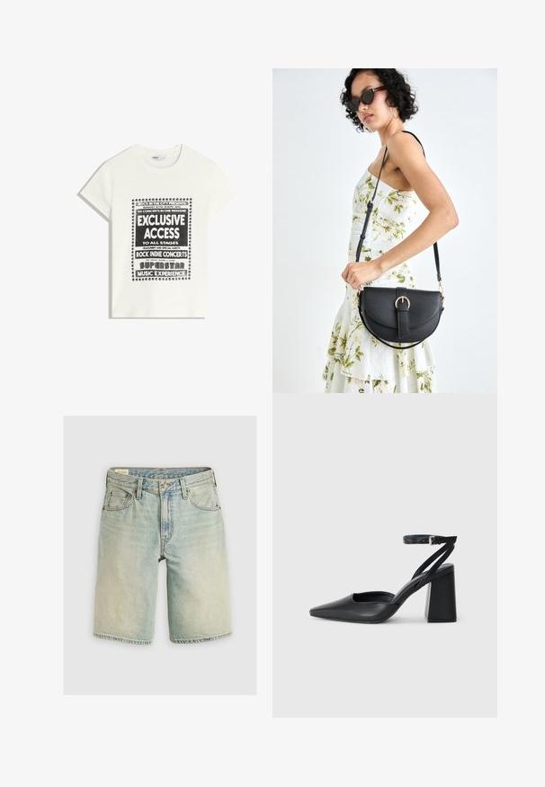 Biela tričko s čiernym textom propagujúcim hudobnú udalosť, ktorý obsahuje "Exkluzívny prístup", "Rock Indie koncerty" a "Superstar hudobný zážitok."; Svetlomodré džínsy v štýle šortiek s voľným strihom, päť vrecovým dizajnom, kovovým zapínaním a kontrastným prešívaním. Mäkka textúra.; Čierne kožené lodičky s špicatou špičkou a členkovým remienkom, s masívnym podpätkom. Hladký povrch, elegantný dizajn a minimalistická estetika.; Čierna kožená kabelka s zaobleným tvarom, odnímateľným popruhom a zlatými doplnkami. Kabelka má klopu s detailom s prackou.