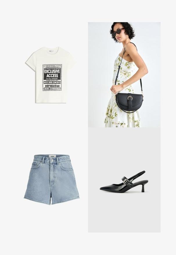 Bela majica s črnim napisom, ki promovira glasbeni dogodek, z besedami "Ekskluziven dostop," "Rock Indie koncerti" in "Superzvezdniška glasbena izkušnja."; Jeans kratke hlače v svetlo modri barvi, z visokim pasom, zasnovo s petimi žepi in sprednjim gumbom. Gladka tekstura s klasičnim krojem.; Črne patent usnjene slingback pete s koničastim nosom in majhnim blok peto, ki vključujejo srebrno zaponko na traku.; Črna usnjena torbica s ukrivljeno obliko, z odstranljivo naramnico in zlatimi dodatki. Torbica ima pokrov s podrobnostmi v obliki zaponke.