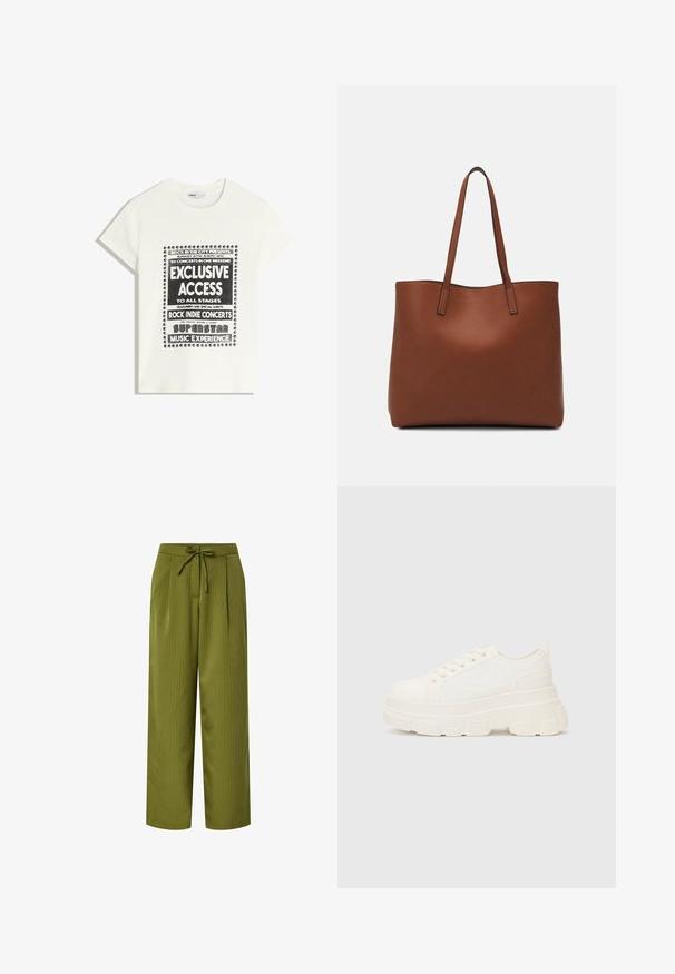 T-shirt blanche avec du texte noir promouvant un événement musical, comportant "Accès Exclusif", "Concerts Rock Indie" et "Expérience Musicale Superstar."; Pantalons larges de couleur vert olive avec des rayures verticales, taille à nouer et plis devant ; texture lisse et bas de jambe fuselés aux chevilles.; Baskets blanches en toile avec une semelle épaisse, bout arrondi et cinq œillets pour les lacets. Onglet arrière pour un enfilage facile. Texture lisse, design minimaliste.; Sac fourre-tout en cuir marron avec une texture lisse, design à ouverture supérieure et deux poignées pour le porter à l'épaule. Présente des coutures minimales et aucun matériel visible.