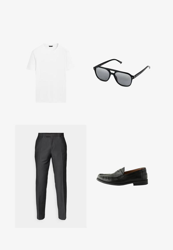 Weißes Baumwoll-T-Shirt mit rundem Hals, kurzen Ärmeln und geradem Schnitt. Es hat eine glatte, leichte Textur und keine sichtbaren Muster.; Maßgeschneiderte Hosen aus dunklem grauem Stoff. Mit schlankem Schnitt, flachem Bund und Gürtelschlaufen. Geschmeidige Textur mit dezentem Glanz.; Schwarze Lederloafers mit glatter Oberfläche, abgerundetem Zehenbereich, handgestochener Detailarbeit und einer niedrigen Gummisohle. Klassisches und vielseitiges Design.; Schwarze Sonnenbrille mit rechteckigen Rahmen, grauen getönten Gläsern und einer Aussparung im Nasensteg. Schlanker, glänzender Kunststoff, mit schmalen Bügeln.