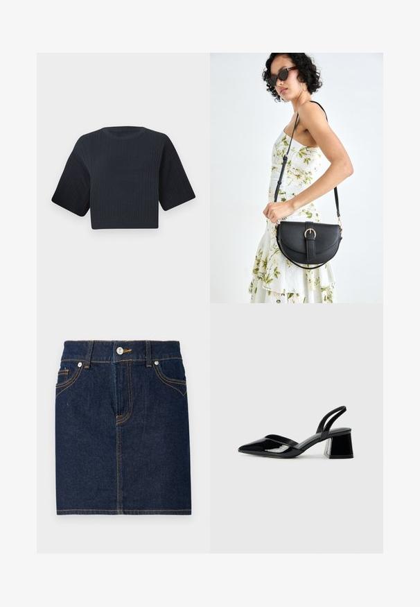 Suéter de malha cropped em azul marinho escuro com textura canelada, mangas curtas largas e decote redondo. Design simples, sem padrões ou acentos visíveis.; Saia de ganga azul-escura com costuras visíveis, design de cinco bolsos e fecho frontal com botão. Corte direto com uma bainha limpa.; Sandy em verniz preto com salto slingback, ponta afilada e salto geométrico. Apresenta um design elegante e minimalista com textura suave.; Bolsa de couro preta com forma curva, alça destacável e detalhes em dourado. A bolsa possui uma aba com detalhe de fivela.