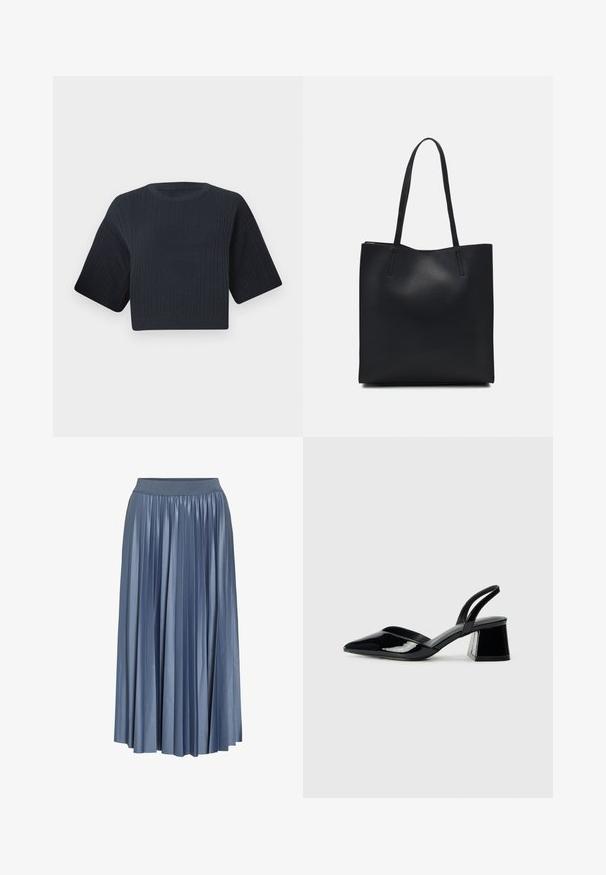 Tmavě modrý zkrácený pletený svetr s vroubkovanou texturou, krátkými širokými rukávy a kulatým výstřihem. Jednoduchý design, bez viditelných vzorů nebo akcentů.; Plisovaná maxi sukně ve tlumené modré barvě, vyrobená z lesklé tkaniny, s elastickým pasem a volným střihem, dosahující délky do půli lýtek.; Černé lakované kožené lodičky na pásku s špičatou špičkou a geometrickým blokovým podpatkem. Vyznačují se elegantním, minimalistickým designem a hladkým povrchem.; Černá kožená taška přes rameno s hladkým povrchem, obdélníkovým tvarem a dvěma dlouhými uchy. Žádné viditelné kování ani ozdoby.