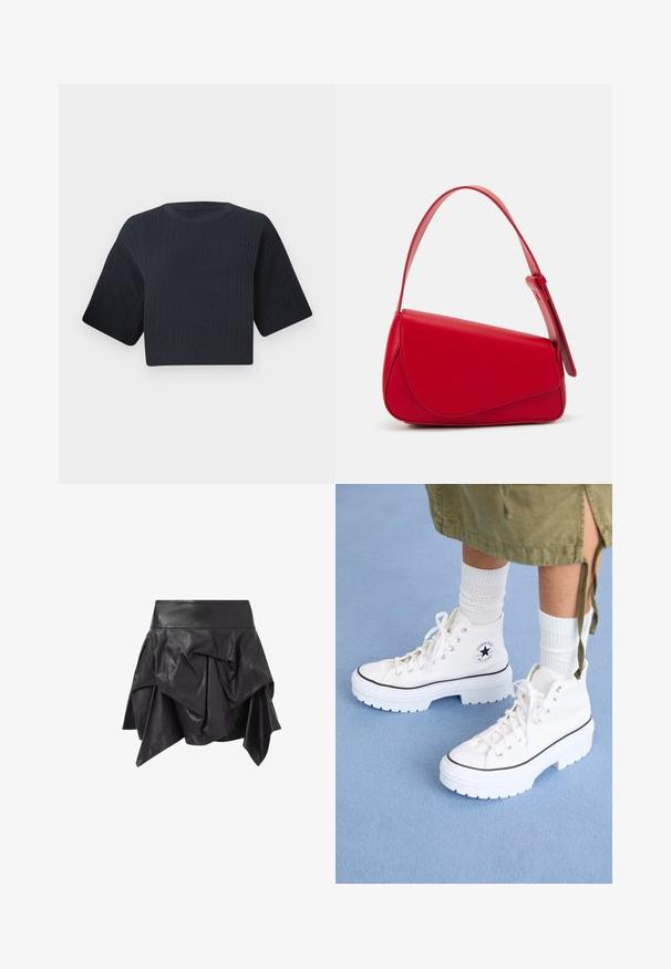 Tume mere värvitud lühike kudumipee, millel on soonikkoes tekstuur, lühikesed laiad varrukad ja ümmargune kaelus. Lihtne disain, nähtavaid mustreid ega aktsente pole.; Must mustrõiv, millel on lükatud, asümmeetriline disain, vooderdatud detailide ja sobiva vöökoht. Sile tekstuur läikiva viimistlusega.; Valged kõrged spordijalatsid tekstuuriga kanvas ülemise osa, kummine varvas, ja paks valge platvormi tald. Omab musti aksente ja silmadele.; Punane nahast käekott, millel on nurkadega geomeetriline disain. Omab ühte reguleeritavat rihma ja klappidega sulgemist, millel on õmblustega kaunistused.