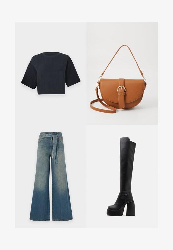 Mørk marineblå cropped strikkegenser med ribbet tekstur, korte vide ermer og rund hals. Enkel design, ingen synlige mønstre eller detaljer.; Bredde ben jeans med en lyseblå til mørkeblå gradient, høyt liv, beltehemper og et matchende belte i samme stoff. Teksturert denimoverflate.; Buffalo HEART STRETCH BOOT - Platåstøvler - black; Brun lærcrossbody-veske med en buet form, gullhardware og et spenneakcent. Har en avtakbar skulderreim.