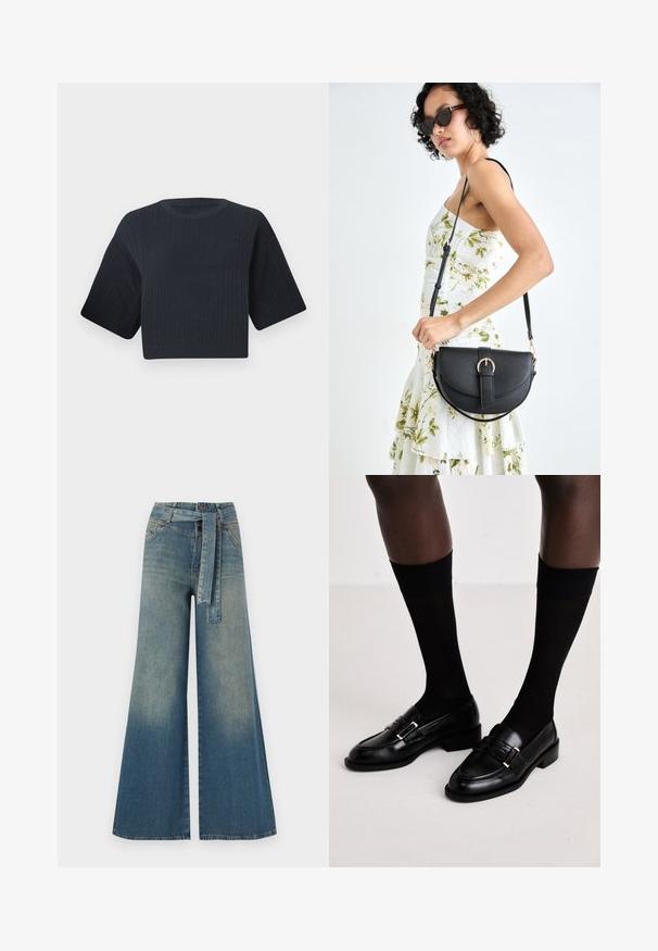 Mørk marineblå cropped strikkegenser med ribbet tekstur, korte vide ermer og rund hals. Enkel design, ingen synlige mønstre eller detaljer.; Bredde ben jeans med en lyseblå til mørkeblå gradient, høyt liv, beltehemper og et matchende belte i samme stoff. Teksturert denimoverflate.; Svarte skinnloafers med lav blokkhæl og gullfarge hardware, kombinert med svarte, gjennomsiktige knesokker.; Svart lærveske med en buet form, avtagbar stropp og gullbeslag. Vesken har et klaff med spenne-detall.