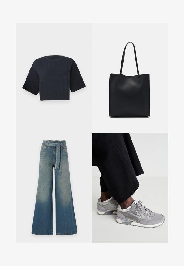 Dunkelblaue cropped Strickjacke mit gerippter Textur, kurzen weiten Ärmeln und rundem Halsausschnitt. Schlichtes Design, keine sichtbaren Muster oder Akzente.; Weit geschnittene Denim-Hosen mit einem Farbverlauf von hellblau zu dunkelblau, hoher Taille, Gürtelschlaufen und einem passenden Stoffgürtel. Strukturierte Denim-Oberfläche.; Graue Sneaker aus Mesh- und Wildledermaterialien, mit einer weißen Sohle, hellgrauen Akzenten und Schnürsenkeln. Tragen mit lockeren schwarzen Stoffhosen.; Schwarze Laptoptasche aus Leder mit glatter Textur, rechteckiger Form und zwei langen Griffen. Keine sichtbaren Beschläge oder Verzierungen.