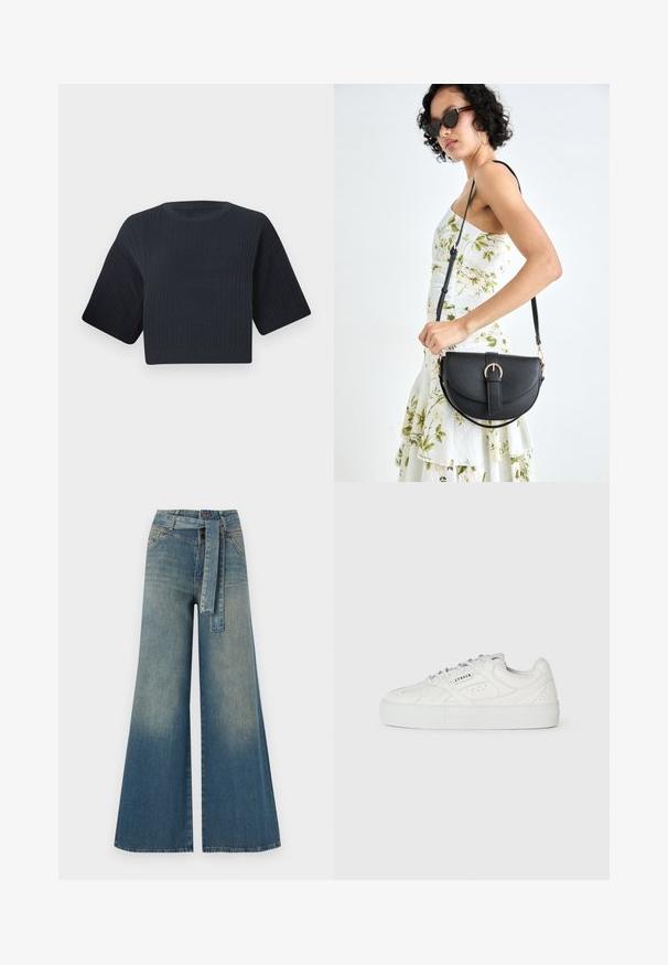 Tmavě modrý zkrácený pletený svetr s vroubkovanou texturou, krátkými širokými rukávy a kulatým výstřihem. Jednoduchý design, bez viditelných vzorů nebo akcentů.; Džínové kalhoty širokého střihu s přechodem od světlé k tmavě modré, vysokým pasem, poutky na opasek a odpovídajícím opaskem ze stejného materiálu. Texturovaná džínovina.; Bílé nízké tenisky s šněrováním, perforovanými detaily a nápisem "CPNHGN" vytištěným na boku, na jednoduchém bílém pozadí.; Černá kožená kabelka s křivkovým tvarem, odnímatelným popruhem a zlatými detaily. Kabelka má klopu s přezkou.