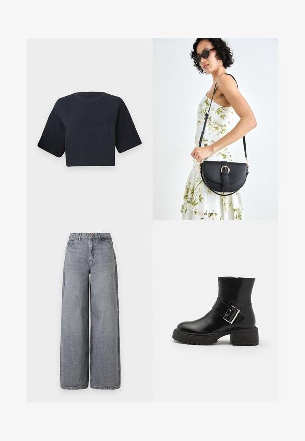 Mørk marineblå cropped strikkegenser med ribbet tekstur, korte vide ermer og rund hals. Enkel design, ingen synlige mønstre eller detaljer.; Bredje denimjeans i en falmet grå vask, med fem lommer, knappestenging, og en myk tekstur med subtile slitasjedetaljer.; Sorte ankelstøvler i svart skinn med blokkhæl, featuring dekorativ stropp og spenne, teksturert yttersåle og glatt finish.; Svart lærveske med en buet form, avtagbar stropp og gullbeslag. Vesken har et klaff med spenne-detall.