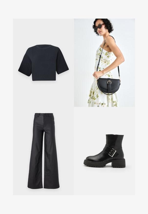 Temno modri skrajšani pleteni pulover z rebrasto teksturo, kratkimi širokimi rokavi in okroglim izrezom. Preprost dizajn, brez vidnih vzorcev ali poudarkov.; Črne, širokoglede hlače iz umetnega usnja. Imajo visok pas, zanke za pas, dva sprednja žepa in šivano detajliranje.; Črne usnjene gležnjarje z blok peto, ki vključujejo dekorativno trak in podrobnosti s sponko, teksturirano podplato ter gladko površino.; Črna usnjena torbica s ukrivljeno obliko, z odstranljivo naramnico in zlatimi dodatki. Torbica ima pokrov s podrobnostmi v obliki zaponke.