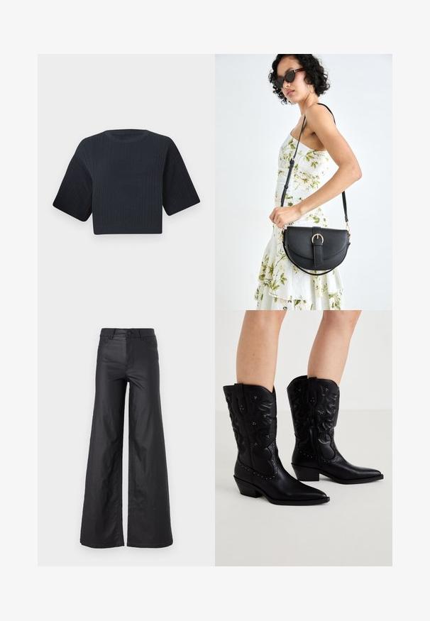 Tmavě modrý zkrácený pletený svetr s vroubkovanou texturou, krátkými širokými rukávy a kulatým výstřihem. Jednoduchý design, bez viditelných vzorů nebo akcentů.; Černé kalhoty s širokými nohavicemi ze syntetické kůže. Mají vysoký pás, poutka na opasek, dvě přední kapsy a prošívané detaily.; Černé kožené kovbojské boty s špičatou špičkou, složitým lemováním, ozdobnými hroty a nízkým vrstveným podpatkem. Boční zip pro snadné obutí.; Černá kožená kabelka s křivkovým tvarem, odnímatelným popruhem a zlatými detaily. Kabelka má klopu s přezkou.