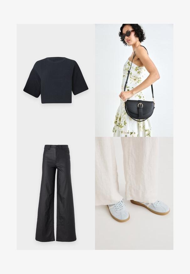 Dark navy cropped knit sweater with ribbed texture, short wide sleeves, and a round neckline. Simple design, no visible patterns or accents.; Black, wide-leg pants in a faux leather material. Features a high waist, belt loops, two front pockets, and stitched detailing.; Light blue suede sneakers with white accents, round toe, and flat gum sole, paired with cream-colored, wide linen pants.; Black leather handbag with a curved shape, detachable strap, and gold hardware. The bag features a flap with a buckle detail.