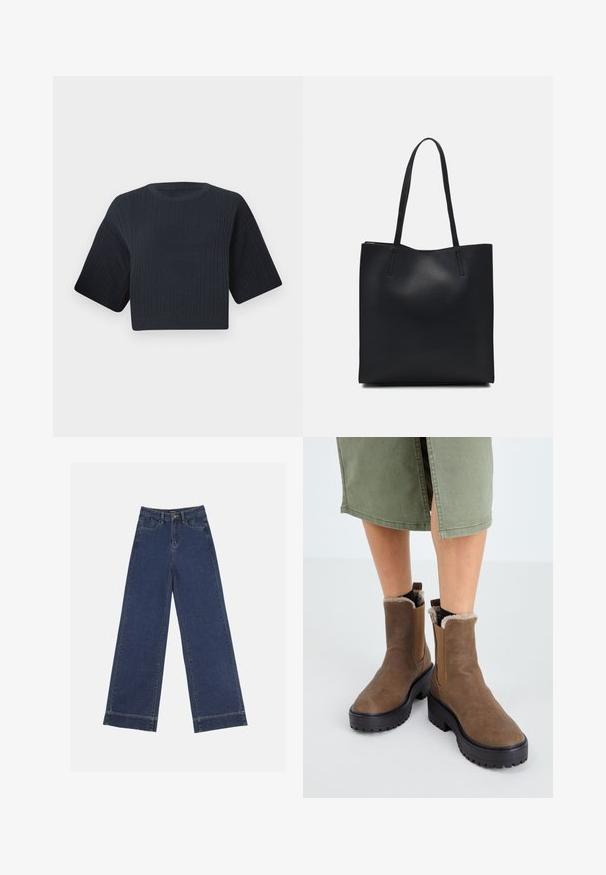 Suéter de punto corto en navy oscuro con textura acanalada, mangas cortas y anchas, y escote redondo. Diseño simple, sin patrones o acentos visibles.; Jeans de pierna ancha en denim azul oscuro. Presenta cinco bolsillos, trabillas para cinturón y un dobladillo sin acabados en la parte inferior con detalles de costura visibles.; Botas de tobillo de cuero marrón con suela de goma, forro suave y paneles laterales elásticos. Presentan un tacón bajo y una textura lisa.; Bolso tote de cuero negro con textura lisa, forma rectangular y dos asas largas. Sin herrajes ni adornos visibles.