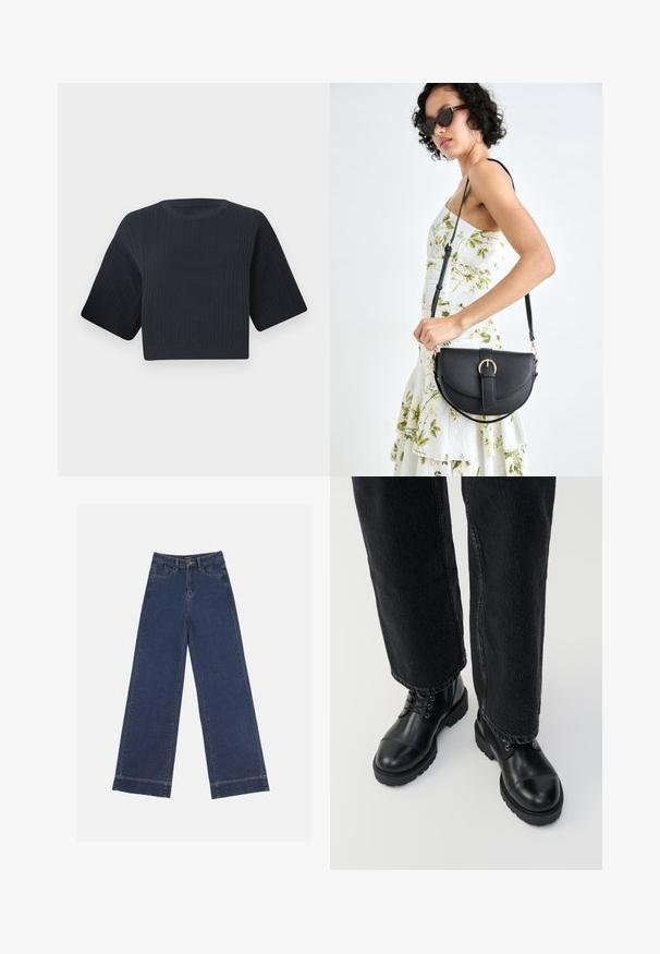 Tamsiai mėlynas trumpas mezginys su raukšlėta tekstūra, trumpomis plačiomis rankovėmis ir apvaliu kaklu. Paprastas dizainas, be matomų raštų ar akcentų.; Plati džinsai tamsiai mėlynos denimo. Yra penki kišenės, diržo kilpos ir apatinė briauna su matomais siuvimo detalėmis.; Juodi odiniai aulinukai iki kulkšnies, suapvalintais pirštais, raišteliais ir tvirtu, storiu padu. Kombinuojami su tamsiais džinsais, turinčiais nebaigtą kraštą.; Juodas odinis krepšys su išlenkta forma, nuimamu dirželiu ir auksiniais detalėmis. Krepšys turi kilpą su sagtimi.