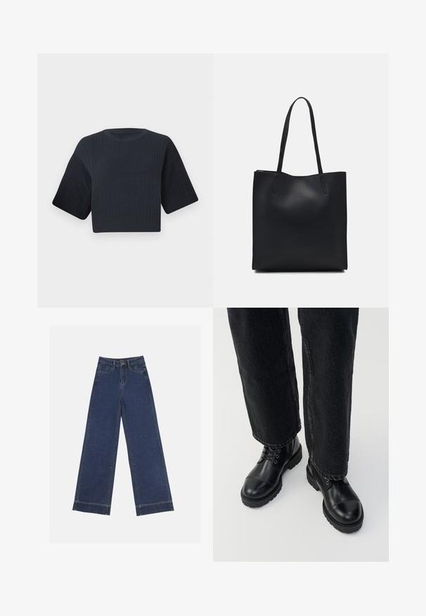 Mørk marineblå cropped strikkegenser med ribbet tekstur, korte vide ermer og rund hals. Enkel design, ingen synlige mønstre eller detaljer.; Videbenede dressbukser i mørkeblå denim. Har fem lommer, beltestropper og en rå kant i bunden med synlige stikninger.; Sorte skinnankle støvler med runde tær, snøring og en robust, tykk såle. Kombinert med mørke jeans som viser en rå kantdetalj.; Svart lær tote bag med glatt tekstur, rektangulær form og to lange håndtak. Ingen synlige deler eller dekorasjoner.